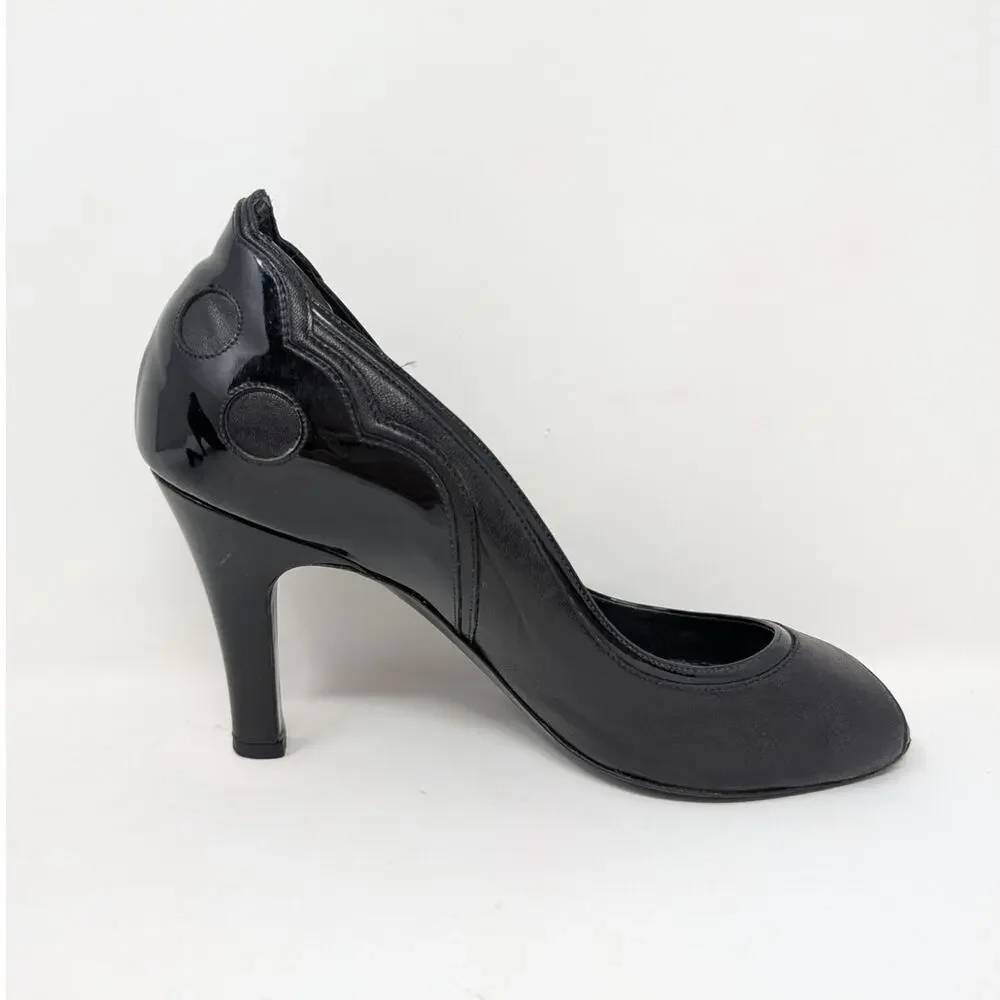Chanel Black Leather Patent CC Logo Peep Toe Pumps Heels 36